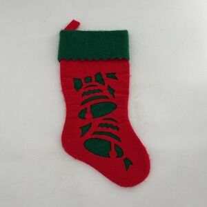 Felt Vintage Christmas Stocking Stencil Cut Out Bells Red Green Scalloped 18"